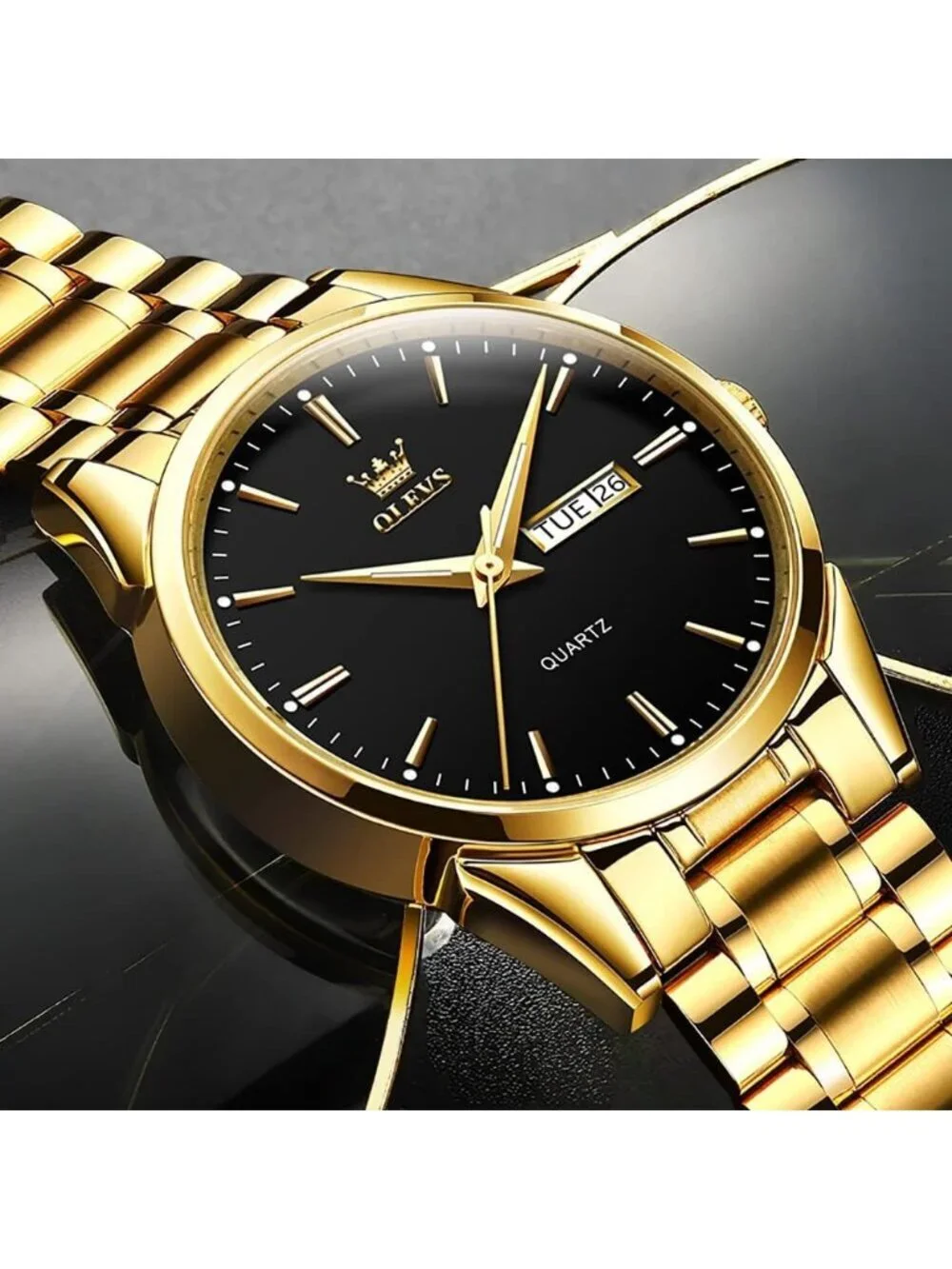 Men's Gold Black Big Dial Analog Quartz Stainless Steel Relojes Waterproof Watch